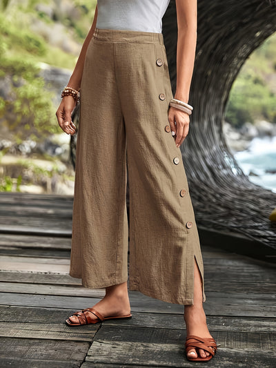 Women's Wide-Leg Trousers - High Waist - Lightweight Breathable Fabric - Side Slit Detail