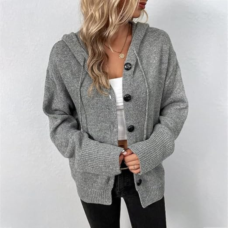 Women’s Knitted Cardigan – Soft Knit – Oversized Fit – Hooded – Button Front Layer