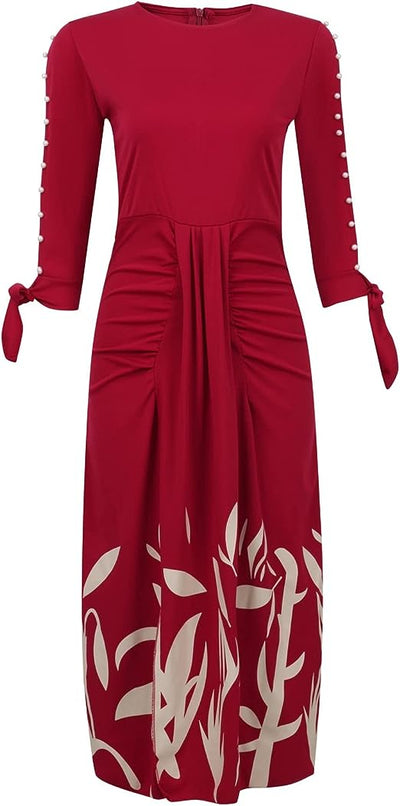 Women’s Midi Dress - Short Sleeve Cut-Out with Bead Detail - Cinched Waist - Floral Print