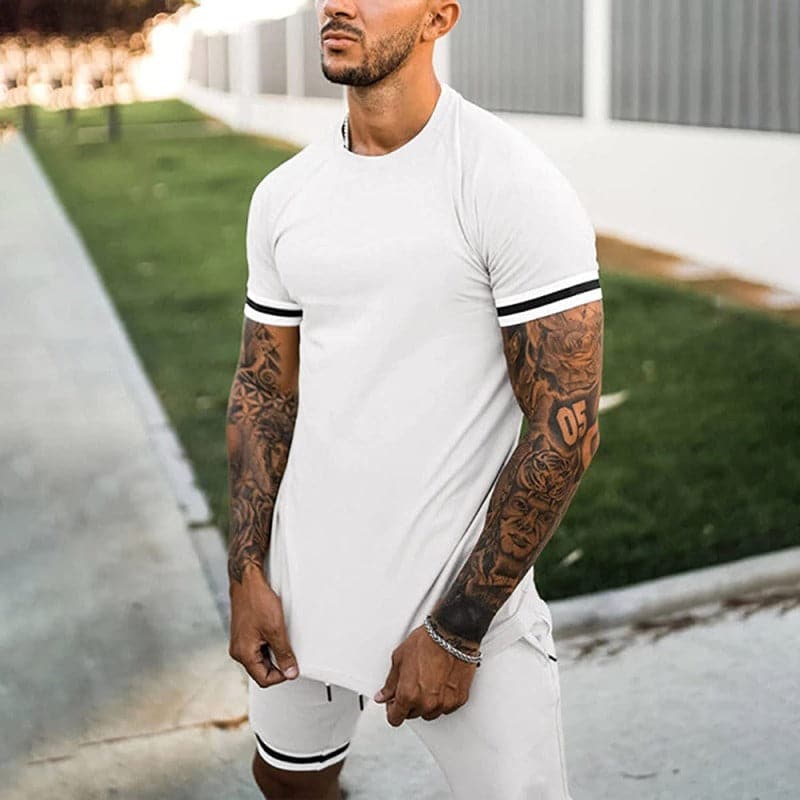 Men’s Athletic Set – Slim Fit – Breathable Stretch Fabric – Short Sleeve Top & Shorts