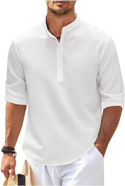 Men’s Henley Shirt - Long Sleeve Roll-Up - Relaxed Fit - Lightweight Breathable Fabric