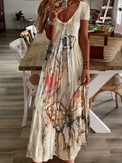 Women's Maxi Dress - Sleeveless V-Neck - Flowing Fit - Bold Butterfly Print