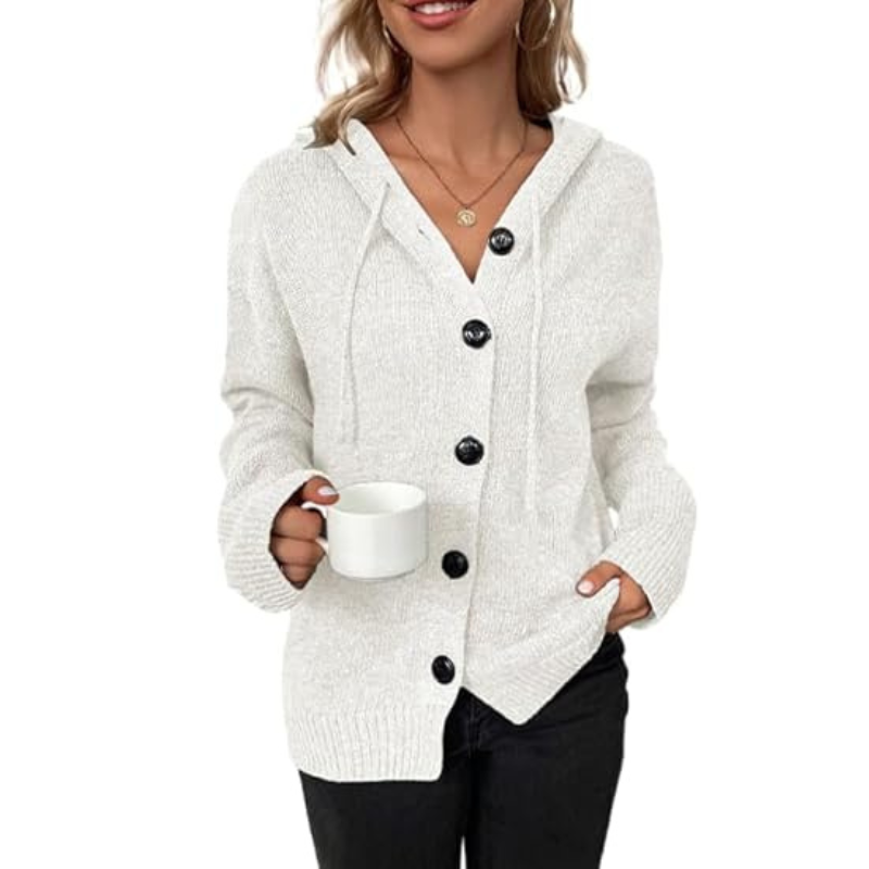 Women’s Knitted Cardigan – Soft Knit – Oversized Fit – Hooded – Button Front Layer