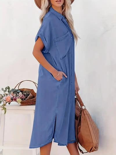 Women's Button-Up Midi Dress - Relaxed Fit - Short Sleeve - Collared Neck - Side Pockets