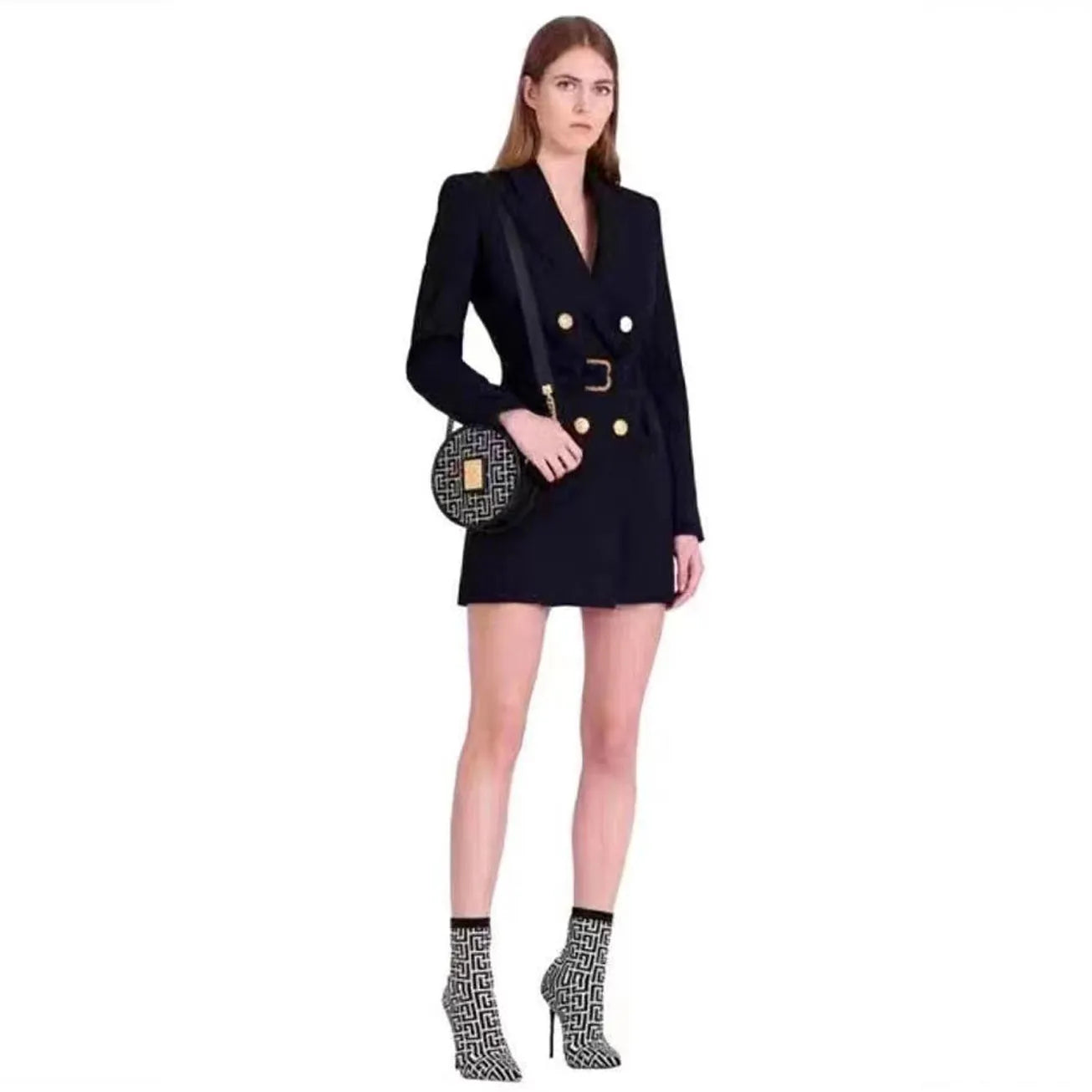 Women's Blazer Dress - Tailored Fit - Double Breasted - Waist Belt - Mini Length