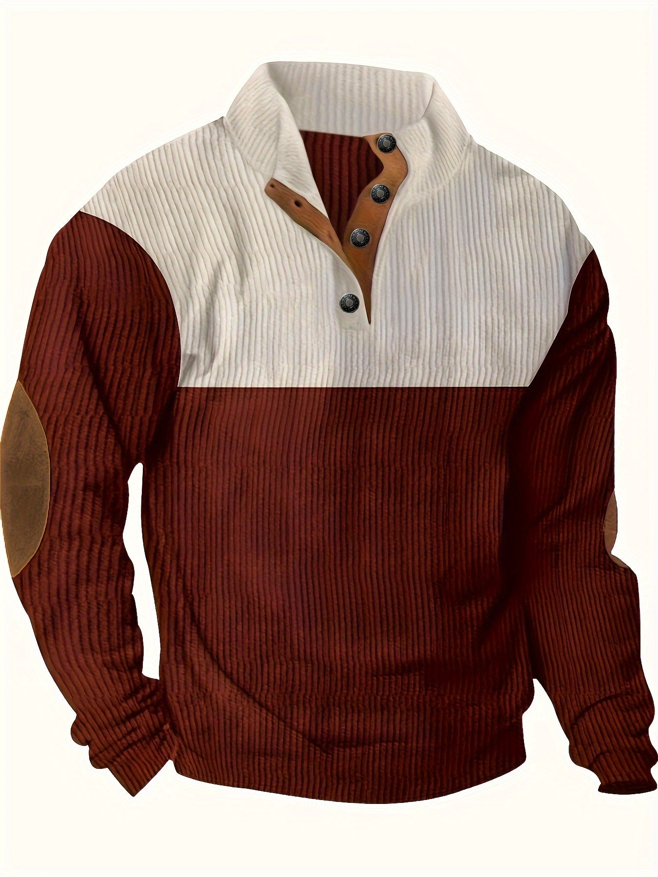 Men’s Ribbed Pullover Sweater - Quarter Button - Stand Collar - Long Sleeve - Elbow Patches