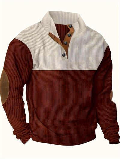 Men’s Ribbed Pullover Sweater - Quarter Button - Stand Collar - Long Sleeve - Elbow Patches