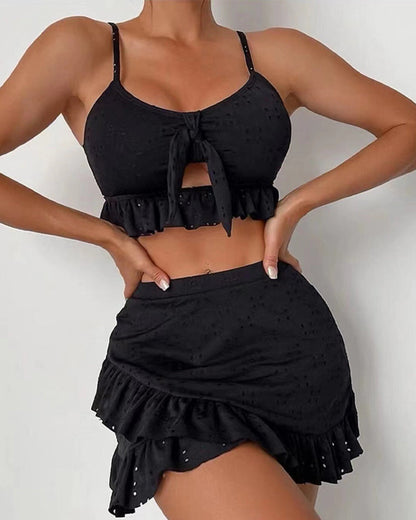 Women’s Bikini Set – Tie Front Top – Ruffled Mini Skirt – Eyelet Embroidery – Breathable Blend