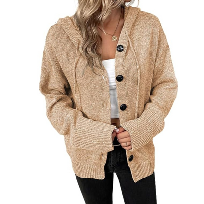 Women’s Knitted Cardigan – Soft Knit – Oversized Fit – Hooded – Button Front Layer