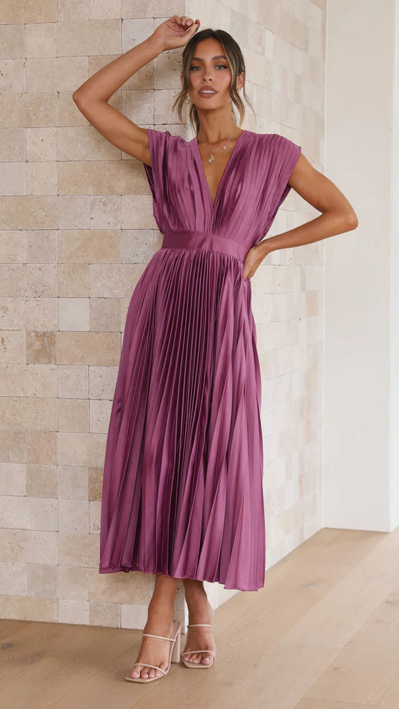 Women's Pleated Maxi Dress - Sleeveless V-Neck - Elegant Flowing Silhouette