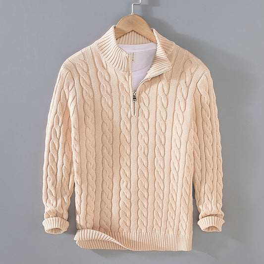 Men's henley sweater with cable pattern and zipper