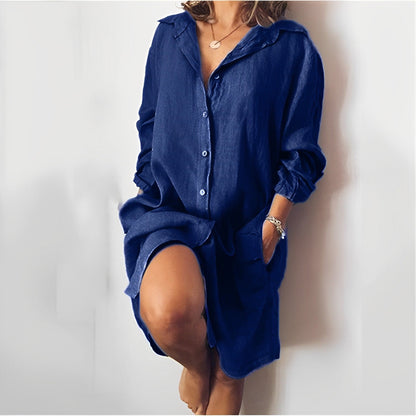 Women’s Blouse – Relaxed Fit – Natural Fibers – Button Front – Mid-Thigh Length – Long Sleeve