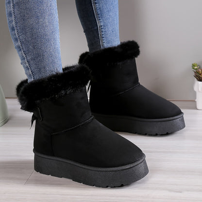 Women’s Ankle Boots – Suede Finish – Faux Fur Lined – Platform Sole – Bow Detail