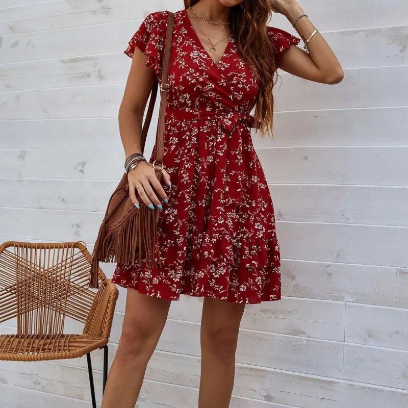 Women's Floral Dress - V-Neck Wrap Design - Short Flutter Sleeves - Fit-and-Flare