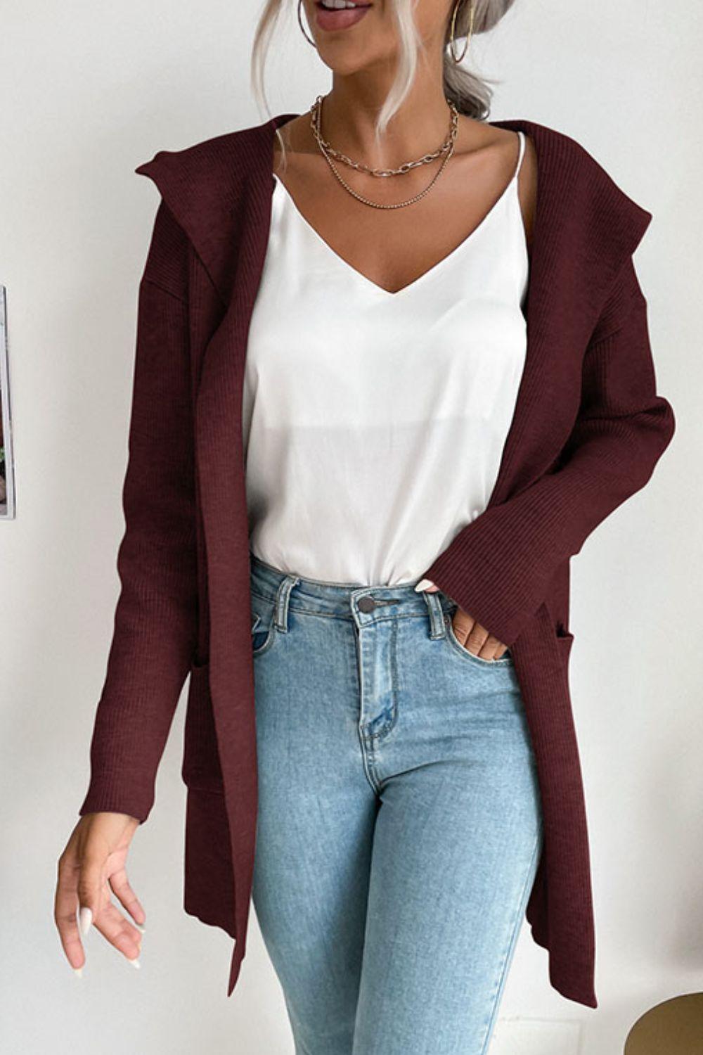 Women's ribbed open-front cardigan with hood and pockets