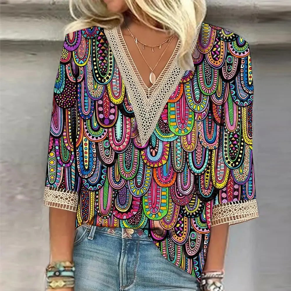 Women's stylish printed v-neck loose-fitting blouse