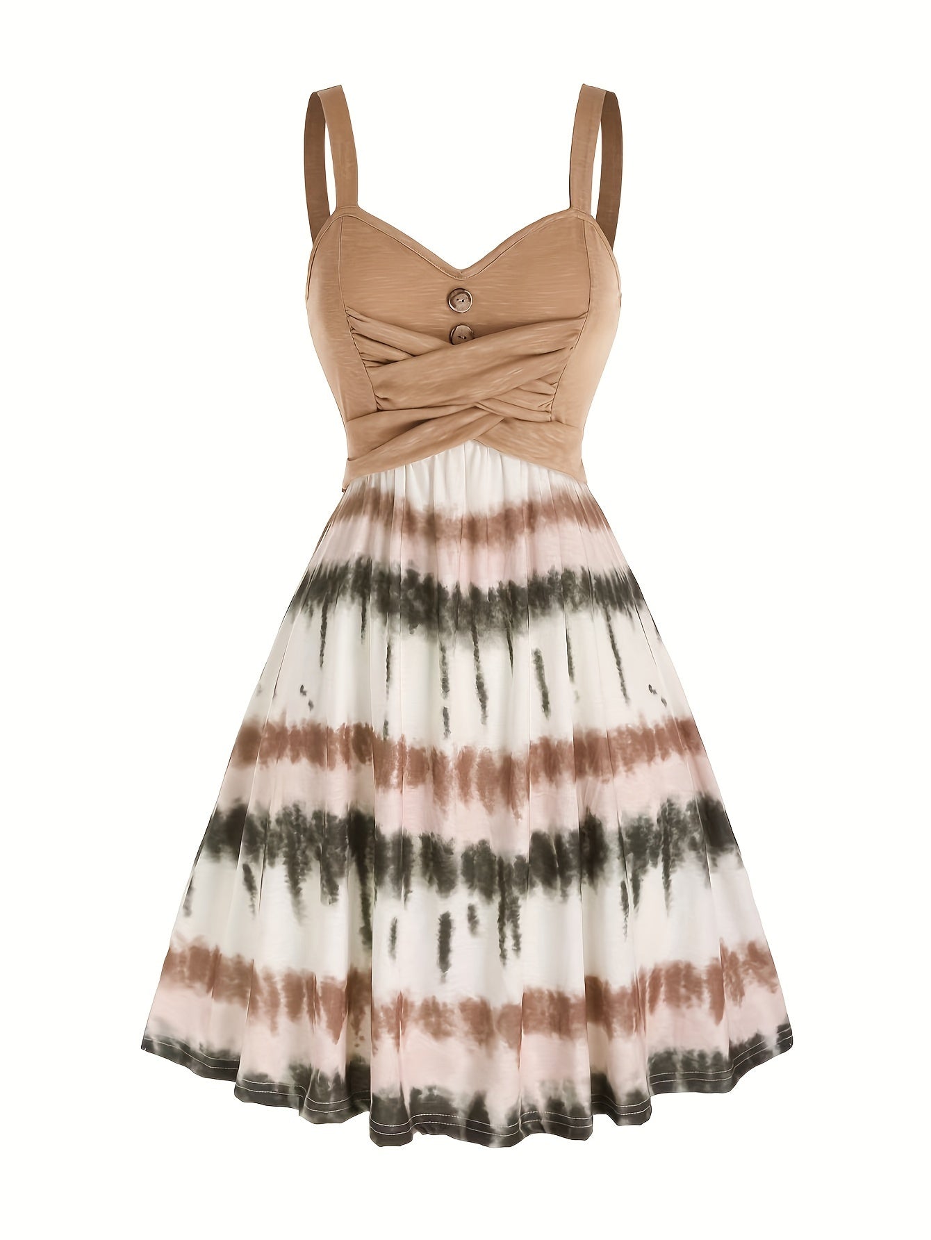 Tie-Dye V-Neck Dress with Faux Buttons for Women