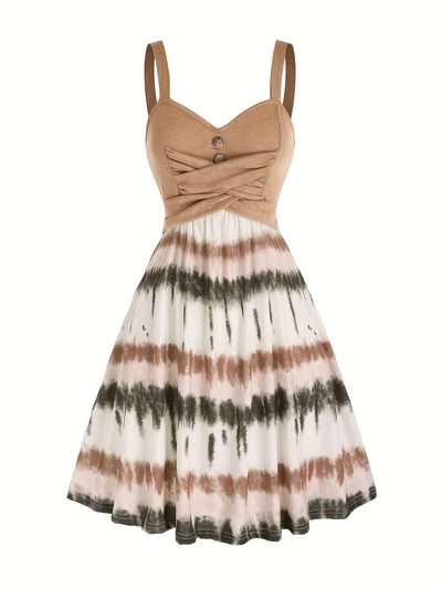 Tie-Dye V-Neck Dress with Faux Buttons for Women