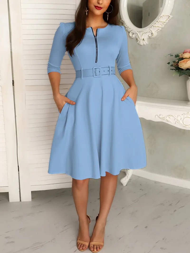 Women's Fit-and-Flare Dress - Three-Quarter Sleeves - Round Neck with Zipper - Belted Waist - Knee Length - With Pockets