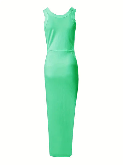 Women's Bodycon Dress - Sleeveless Scoop Neck - High Slit Satin-Like Elegant Wear