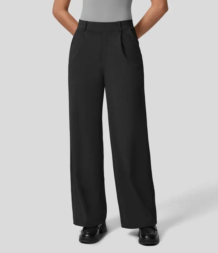 Women's Wide-Leg Trousers - High Waist - Pleated Front - Full Length - Side Pockets