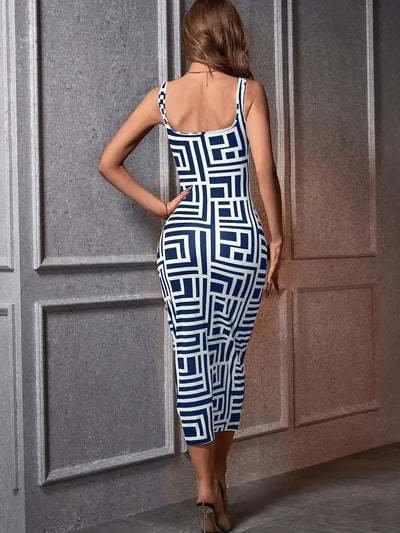 Women's Bodycon Midi Dress - Square Neck - Sleeveless - Geometric Pattern - Fitted Silhouette