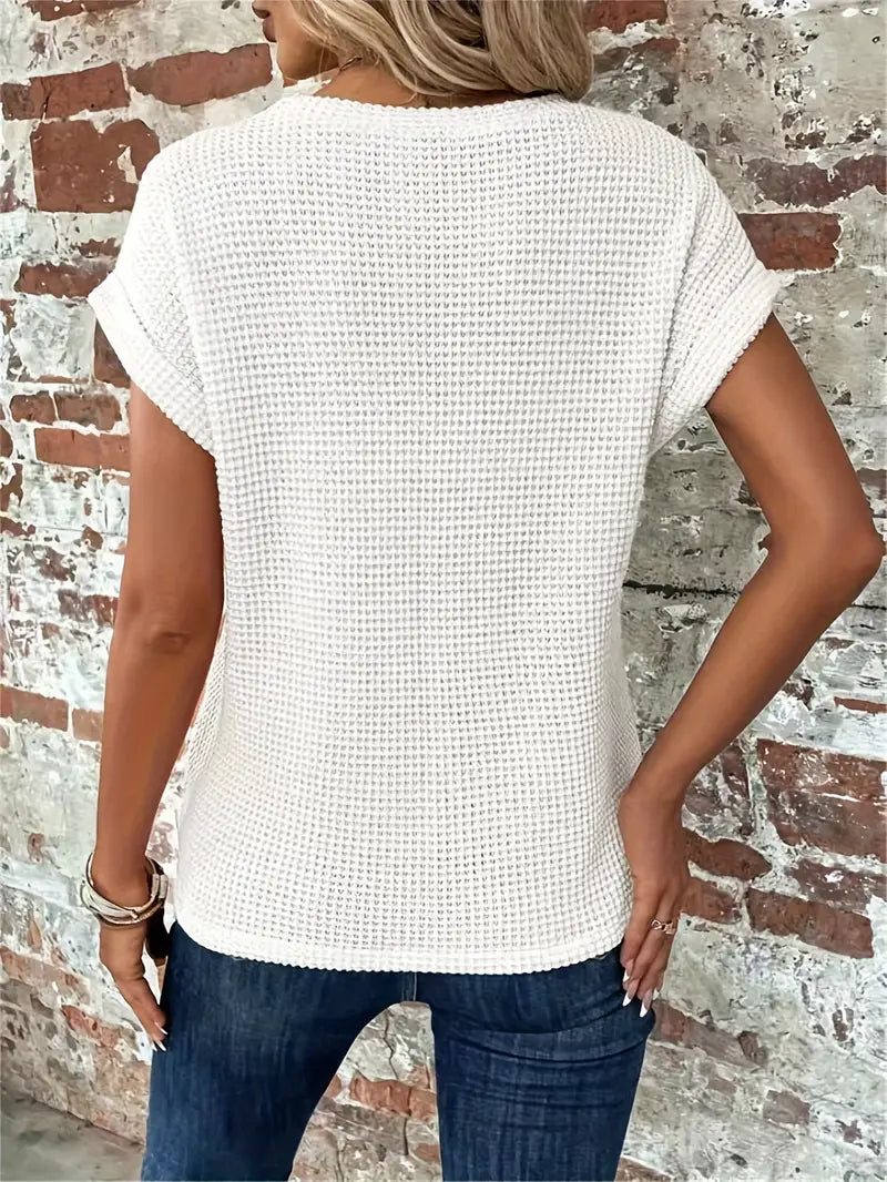 Women's Knit Top - Waffle Texture - Loose Fit - Round Neck - Breathable Casual Wear