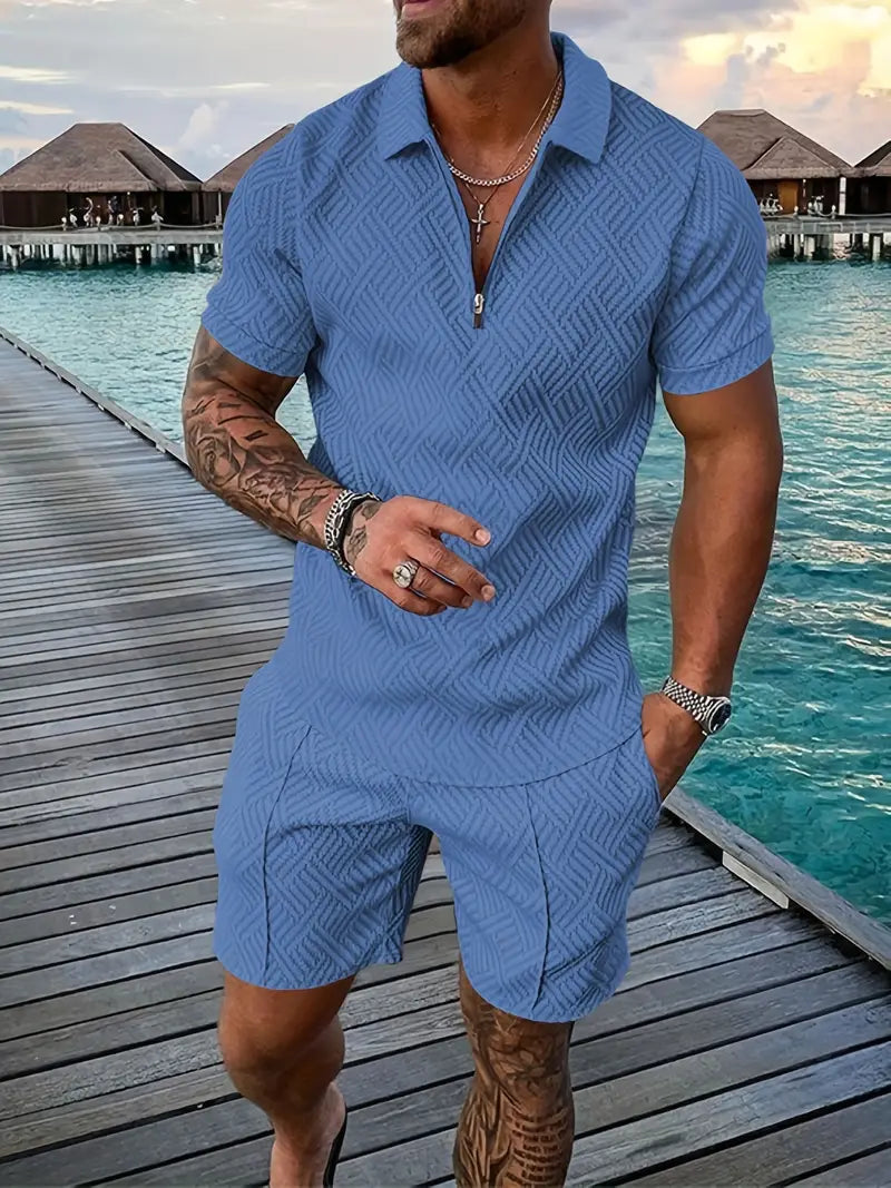 Men’s Polo Shirt and Shorts Set – Slim Fit – Breathable Blend – Zip Placket – Textured