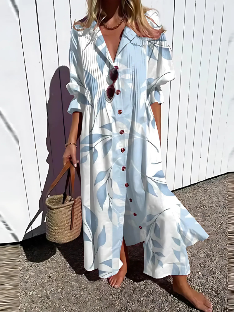 Women’s Maxi Dress – Relaxed Fit – Breathable Blend – Button Front – Retro Leaf Print