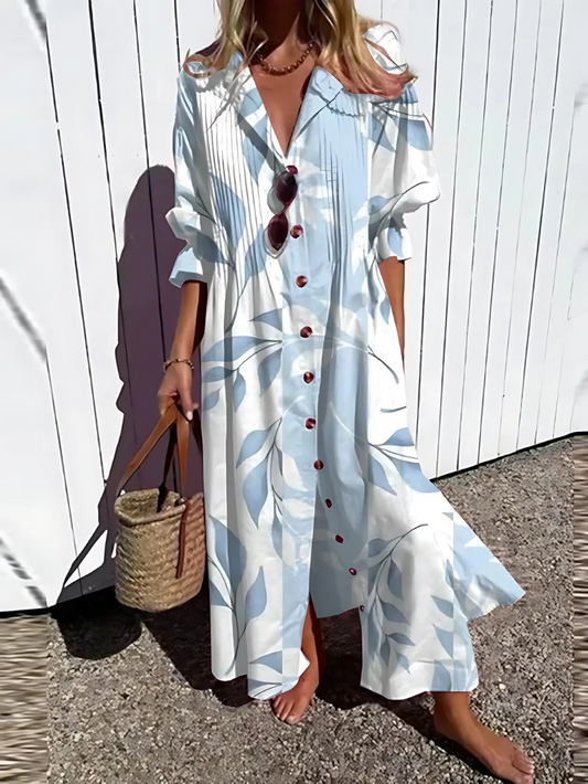 Women’s Maxi Dress – Relaxed Fit – Breathable Blend – Button Front – Retro Leaf Print