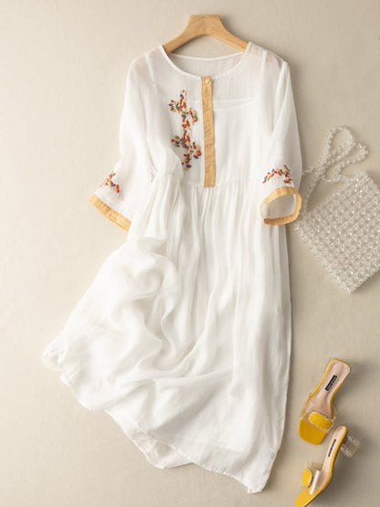 Women’s Midi Dress – Relaxed Fit – Natural Fibers – Embroidered – 3/4 Sleeve – Button Neckline