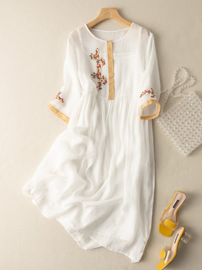 Women’s Midi Dress – Relaxed Fit – Natural Fibers – Embroidered – 3/4 Sleeve – Button Neckline