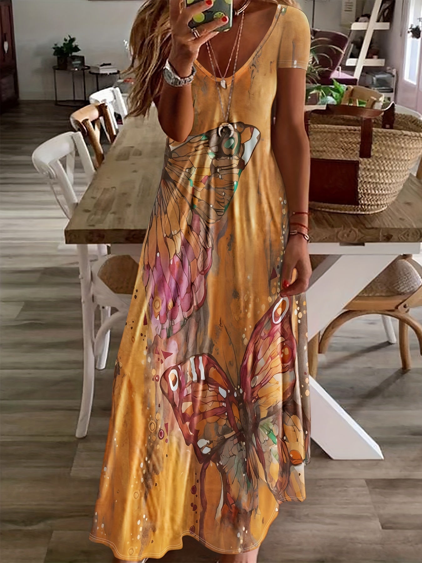 Women's Maxi Dress - Sleeveless V-Neck - Flowing Fit - Bold Butterfly Print