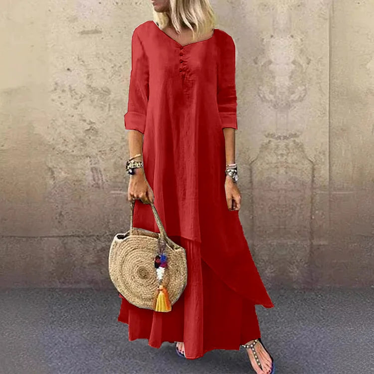 Women’s Midi Dress – Relaxed Fit – Natural Fibers – Asymmetrical Hem – 3/4 Sleeve