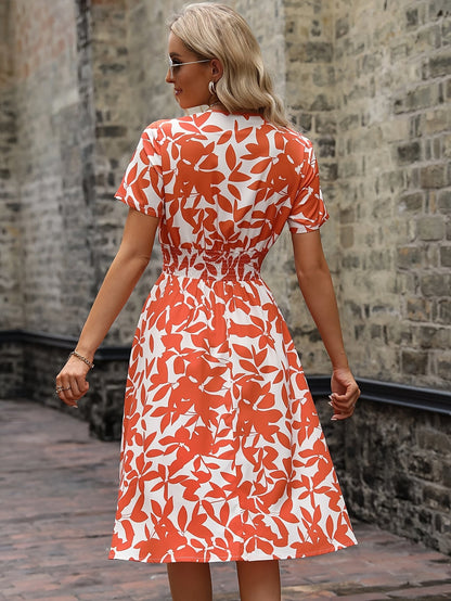 Elegant Midi Dress for Women - Floral Print with Smocked Details