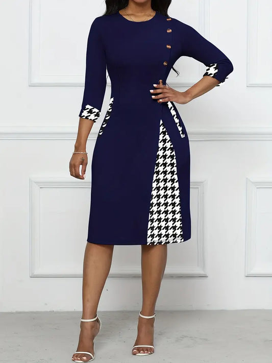 Women's Knee-Length Dress - Fitted Silhouette - Round Neck - Houndstooth Accents - Button Detail