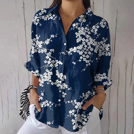 Women’s Button-Up Shirt – Relaxed Fit – Long Sleeve – Floral Art Print