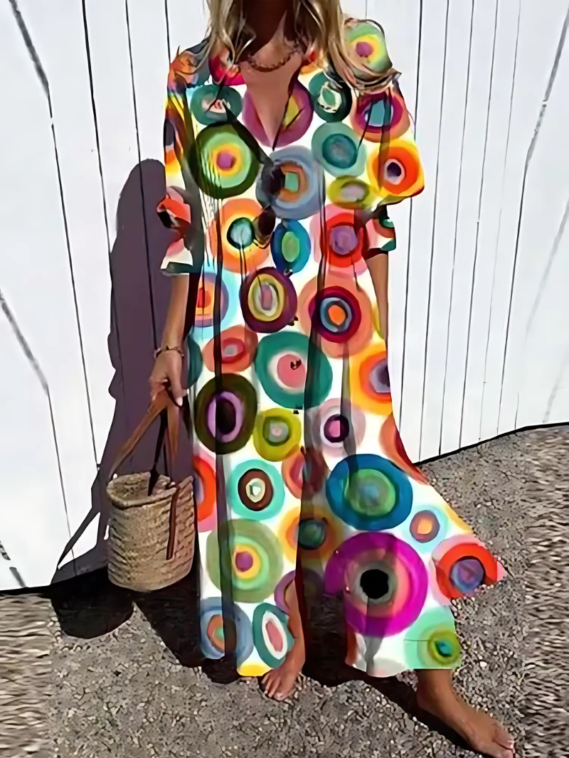 Women’s Maxi Dress – Relaxed Fit – Breathable Blend – Button Front – Retro Leaf Print