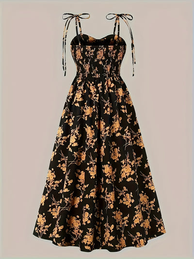Floral print midi dress with tie straps for women