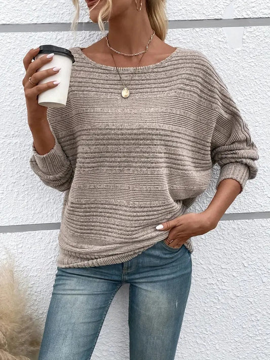 Women's Knitted Sweater - Ribbed Texture - Relaxed Fit - Wide Scoop Neck - Long Sleeves