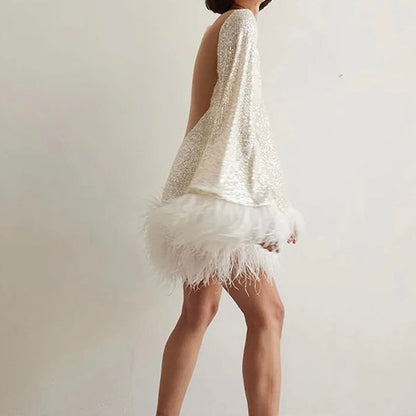 Sequin Dress with Feather Trim