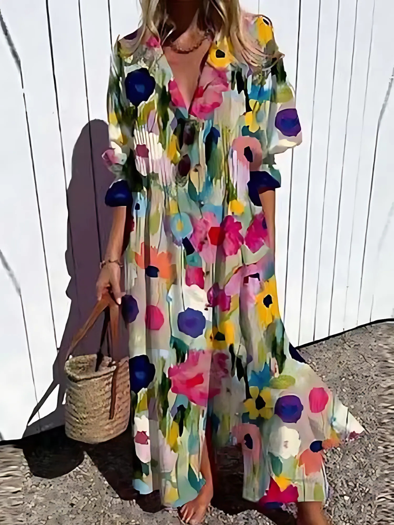 Women’s Maxi Dress – Relaxed Fit – Breathable Blend – Button Front – Retro Leaf Print