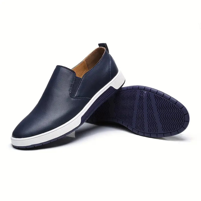 Men’s Slip-On Shoes - Leather - Flat Heel - Rubber Sole - Casual Comfortable Wear