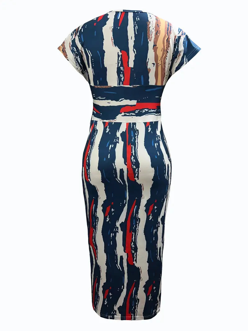 Women's Bodycon Dress - Patchwork Denim - Midi Length - V-Neck Short Sleeve