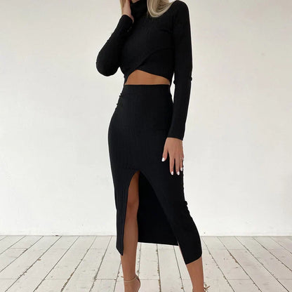 Women’s Ribbed Knit Two-Piece Set – Long-Sleeve Crop Top – High-Waisted Midi Skirt with Front Slit