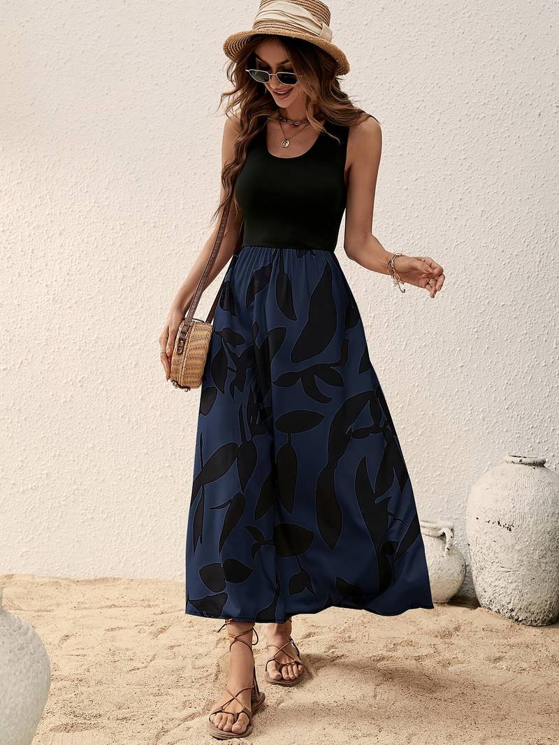 Women's Sleeveless Maxi Dress - Fitted Bodice - Scoop Neck - Flowy A-Line Skirt