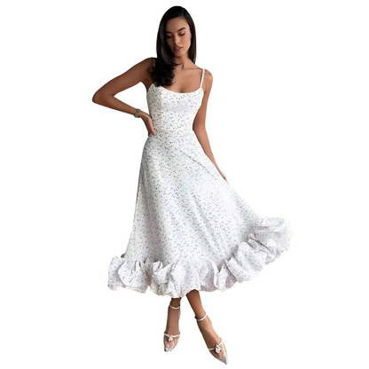 Women's Evening Dress - Spaghetti Straps - A-Line Silhouette - Ruffled Hem - Elegant Fit