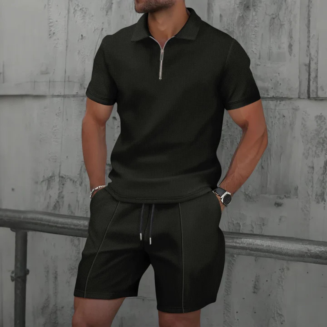 Men’s Co-ord Set – Slim Fit Polo Zip Neck – Soft Knit – Mid-Thigh Shorts