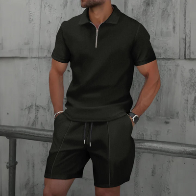 Men’s Co-ord Set – Slim Fit Polo Zip Neck – Soft Knit – Mid-Thigh Shorts