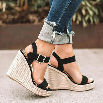 Women's Wedge Sandals - Open Toe - Ankle Strap with Buckle - Espadrille Heel